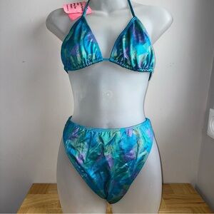 Vintage women’s 90s dead stock Zuliana blue metallic full bikini Sz L NWT